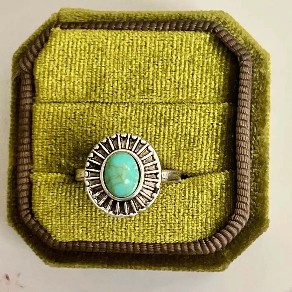 Vintage Turquoise Titanium Steel Silver Statement Ring – Size 6